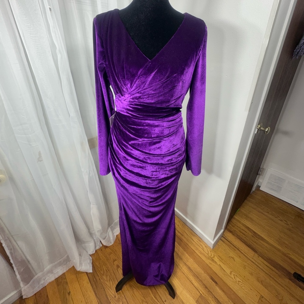 Luxurious Long Sleeve Velvet Gown in Rich Purple